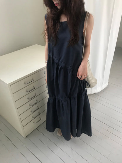 不規則抽繩無袖連身裙