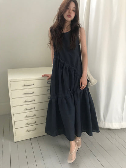不規則抽繩無袖連身裙