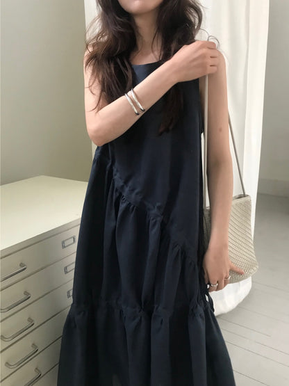 不規則抽繩無袖連身裙
