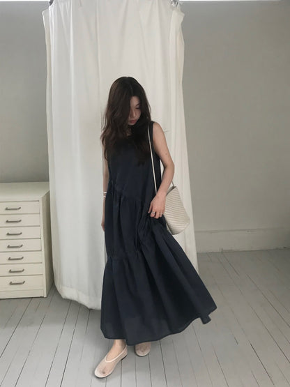 不規則抽繩無袖連身裙
