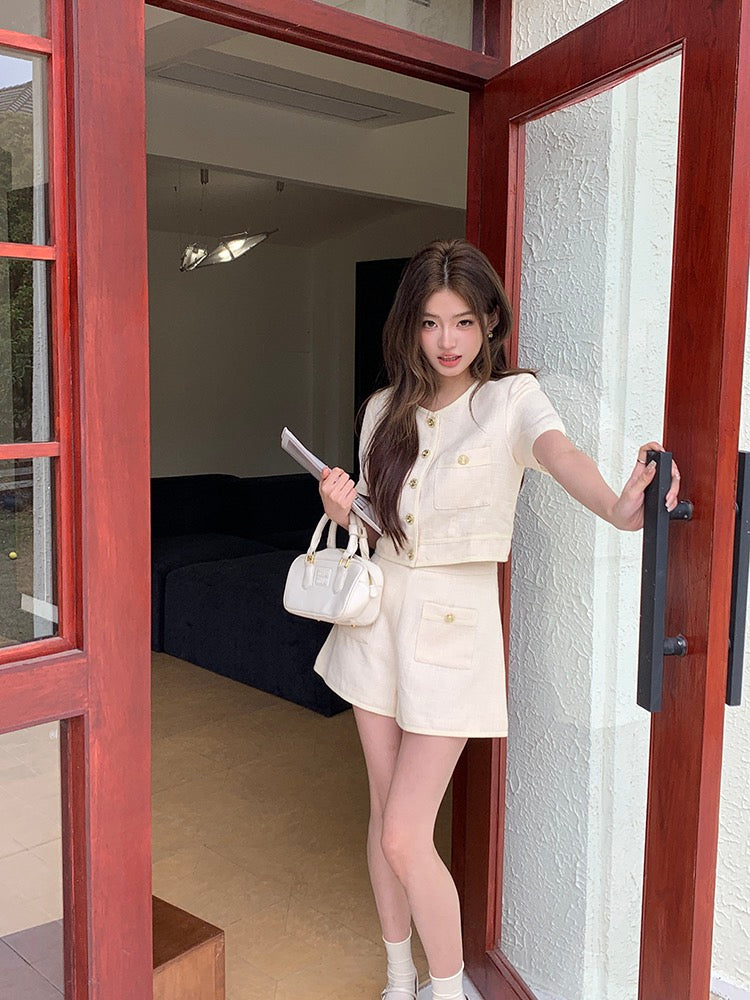 Chanel-style Short Sleeve Jacket + High-waisted Shorts Set
