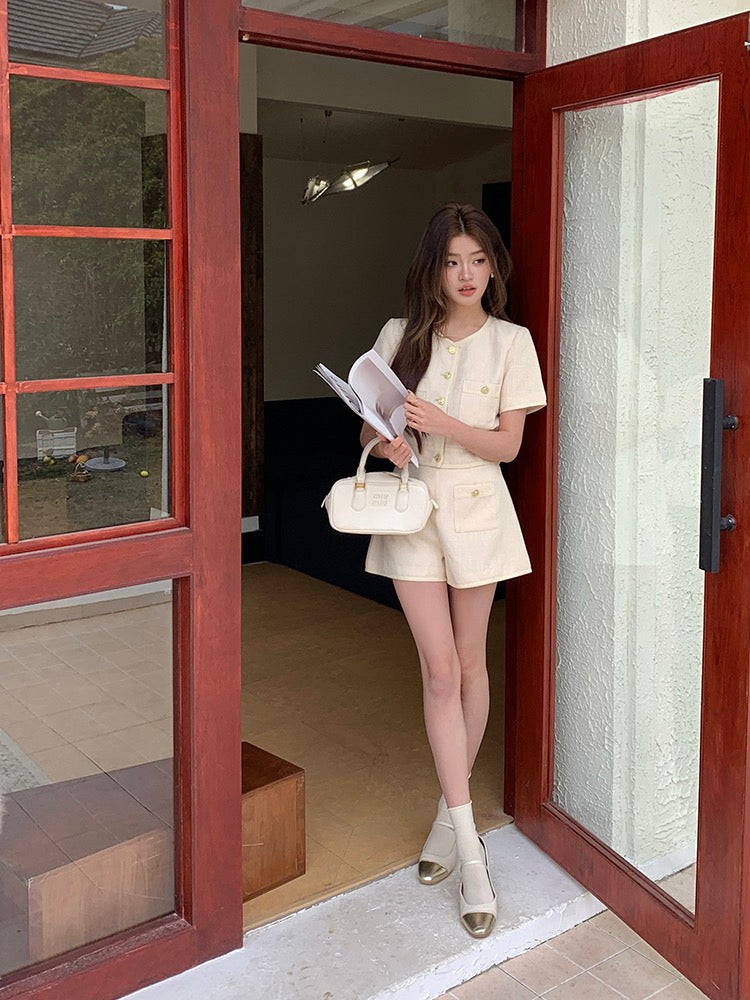 Chanel-style Short Sleeve Jacket + High-waisted Shorts Set