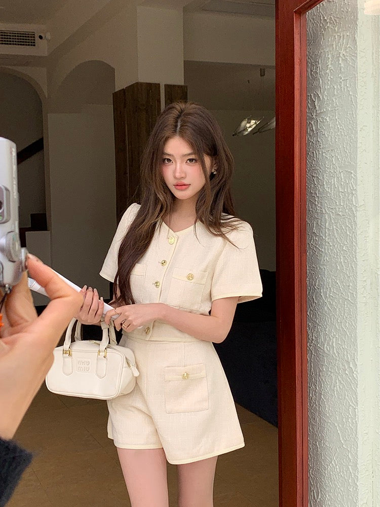 Chanel-style Short Sleeve Jacket + High-waisted Shorts Set