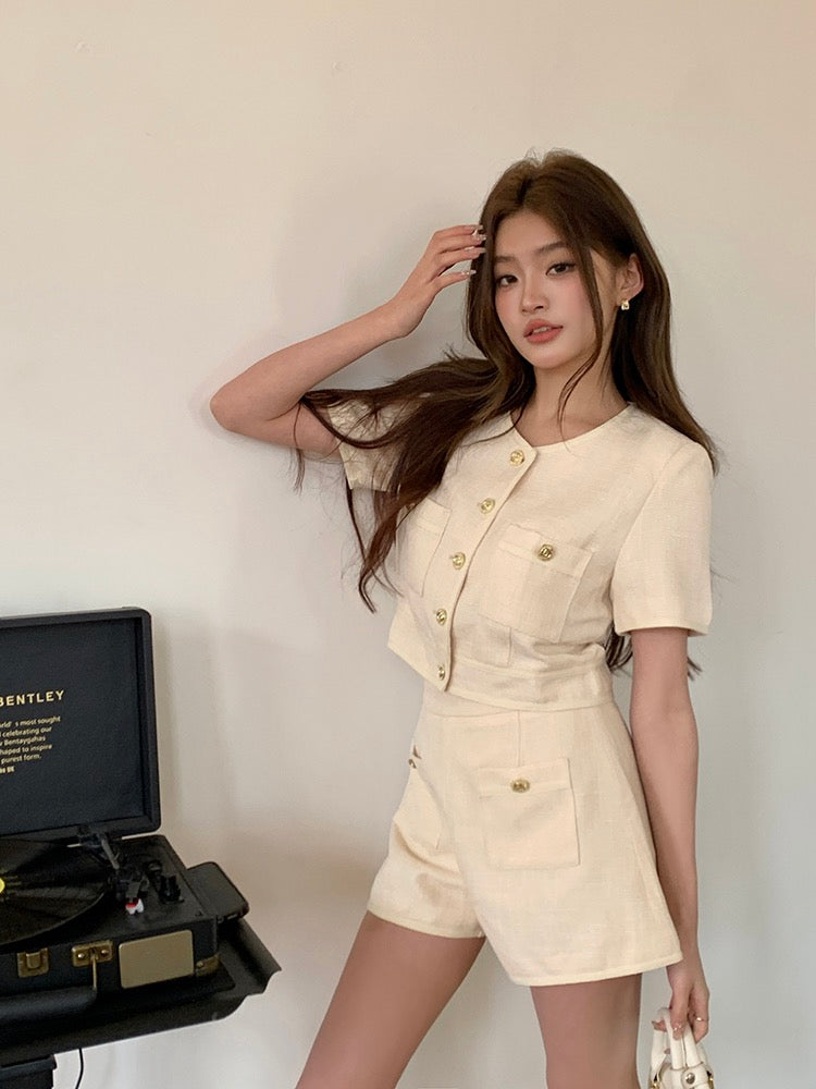 Chanel-style Short Sleeve Jacket + High-waisted Shorts Set