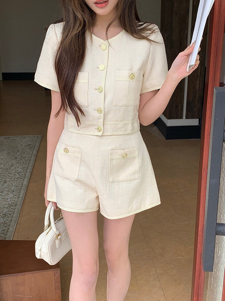 Chanel-style Short Sleeve Jacket + High-waisted Shorts Set