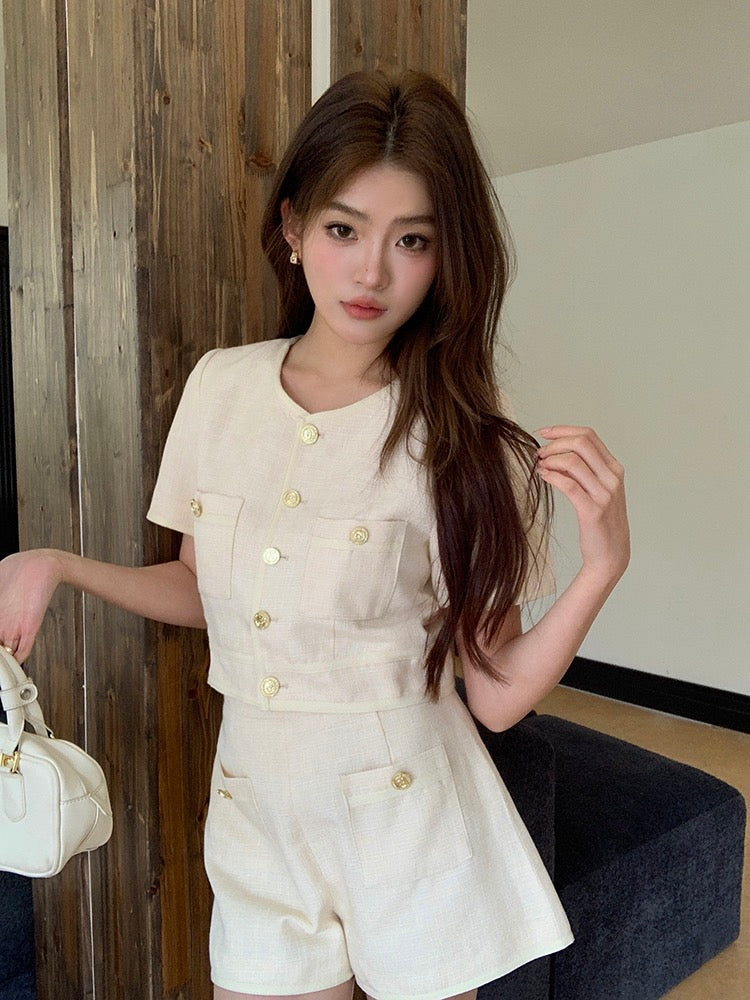 Chanel-style Short Sleeve Jacket + High-waisted Shorts Set