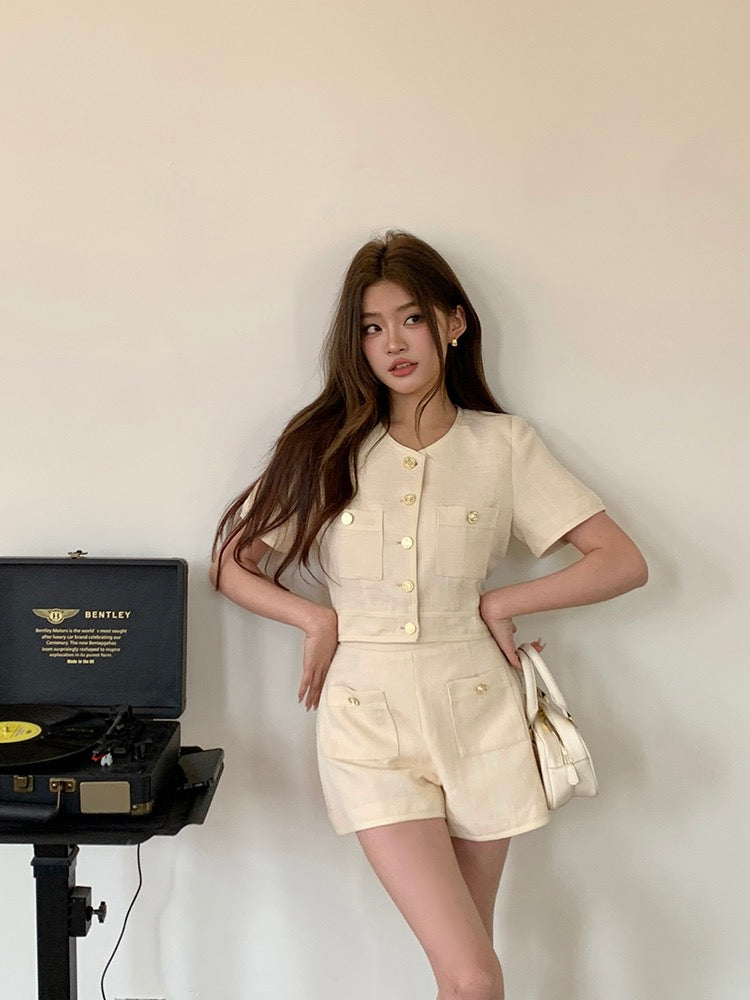 Chanel-style Short Sleeve Jacket + High-waisted Shorts Set