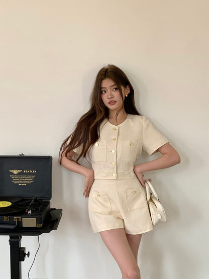 Chanel-style Short Sleeve Jacket + High-waisted Shorts Set