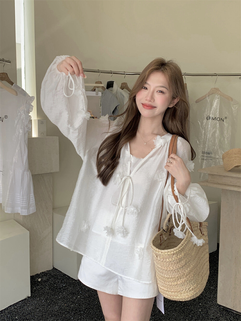 Elaborate 3D Floral Drawstring Blouse + Camisole Set