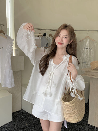 Elaborate 3D Floral Drawstring Blouse + Camisole Set