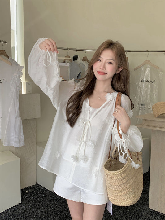 Elaborate 3D Floral Drawstring Blouse + Camisole Set