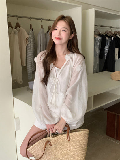 Elaborate 3D Floral Drawstring Blouse + Camisole Set