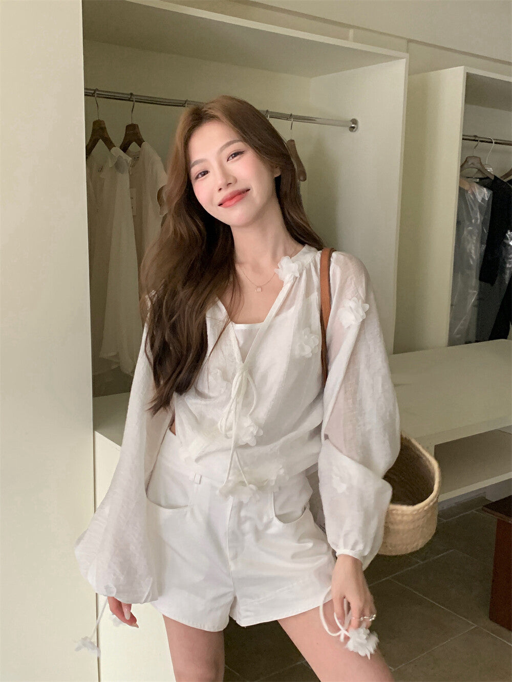 Elaborate 3D Floral Drawstring Blouse + Camisole Set