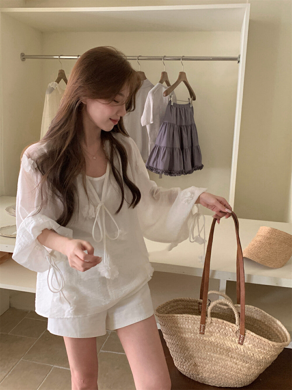 Elaborate 3D Floral Drawstring Blouse + Camisole Set