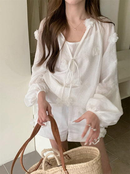 Elaborate 3D Floral Drawstring Blouse + Camisole Set