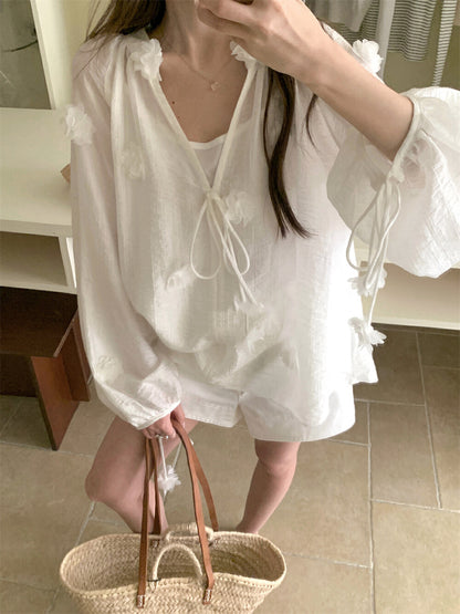 Elaborate 3D Floral Drawstring Blouse + Camisole Set