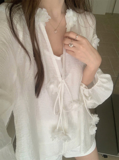 Elaborate 3D Floral Drawstring Blouse + Camisole Set