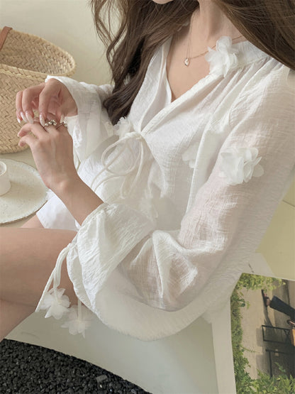 Elaborate 3D Floral Drawstring Blouse + Camisole Set