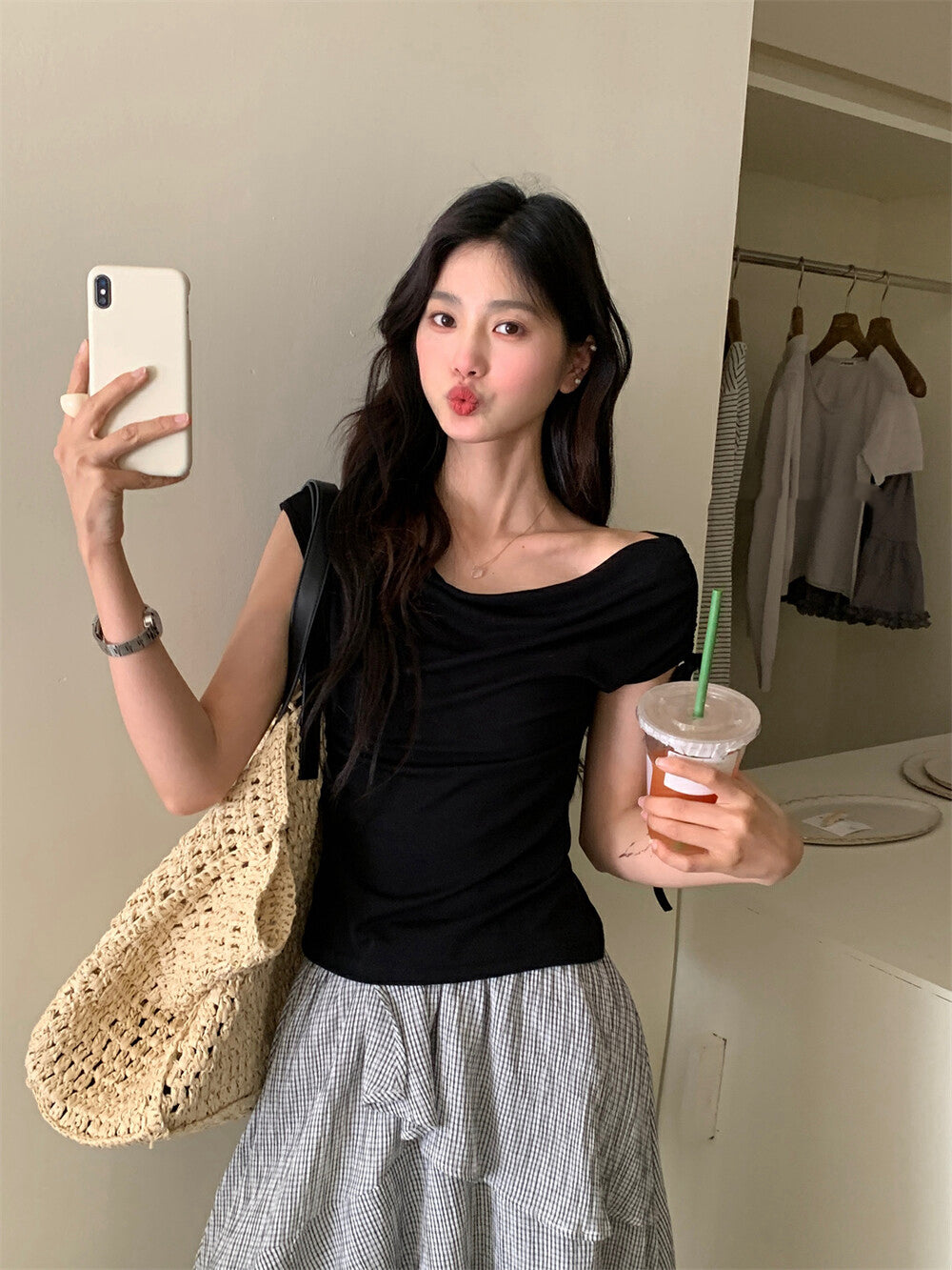 Off-the-shoulder Tie-neck Top