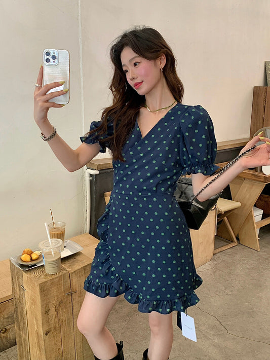 小雛菊碎花收腰連身裙