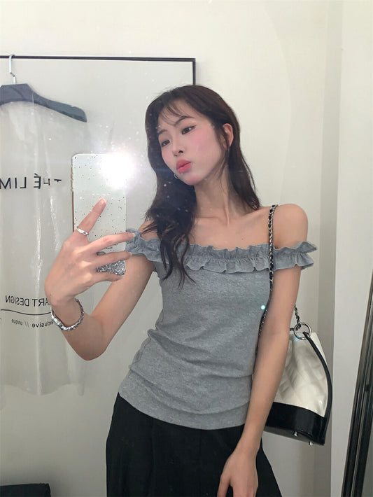 花邊一字肩修身顯瘦top