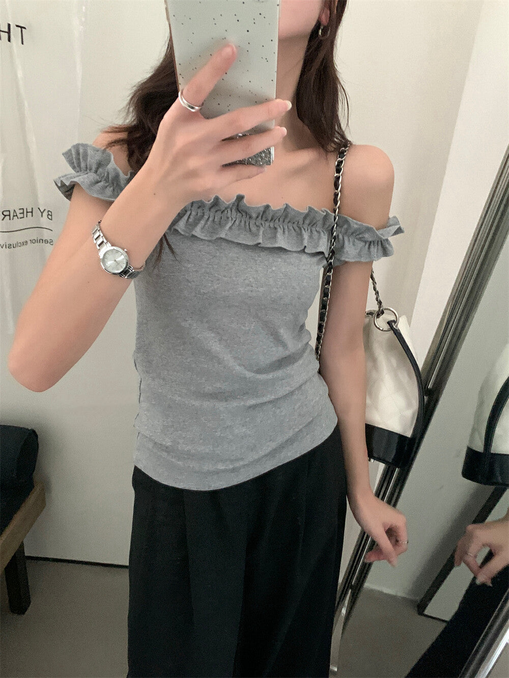 花邊一字肩修身顯瘦top