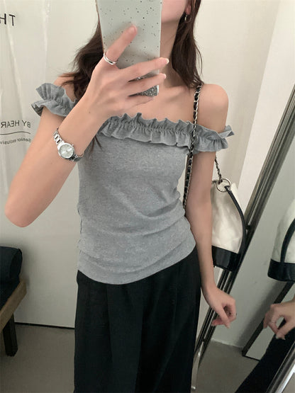 花邊一字肩修身顯瘦top