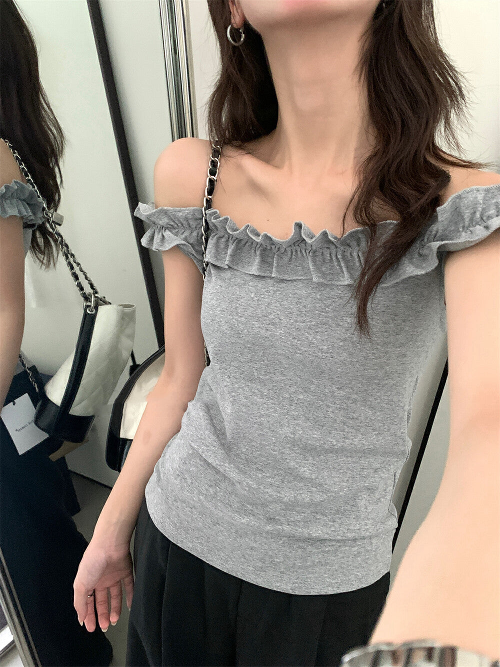 花邊一字肩修身顯瘦top