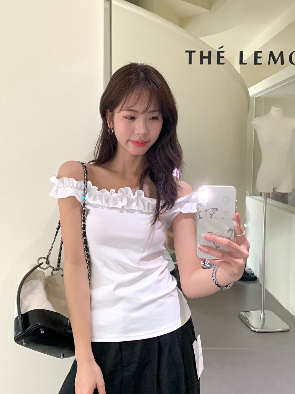 花邊一字肩修身顯瘦top