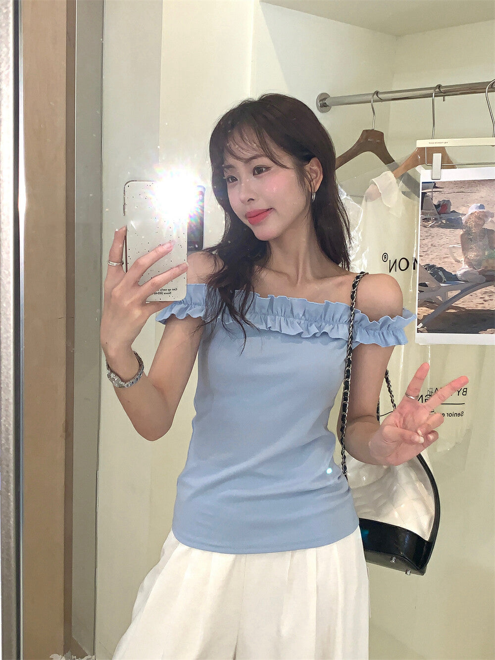 花邊一字肩修身顯瘦top