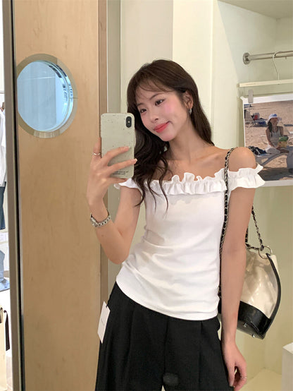 花邊一字肩修身顯瘦top