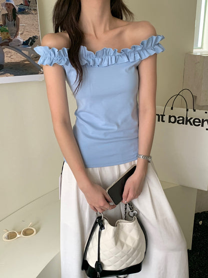 花邊一字肩修身顯瘦top