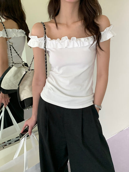 花邊一字肩修身顯瘦top