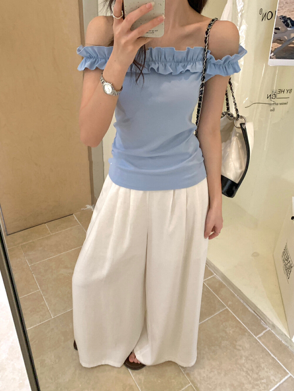 花邊一字肩修身顯瘦top