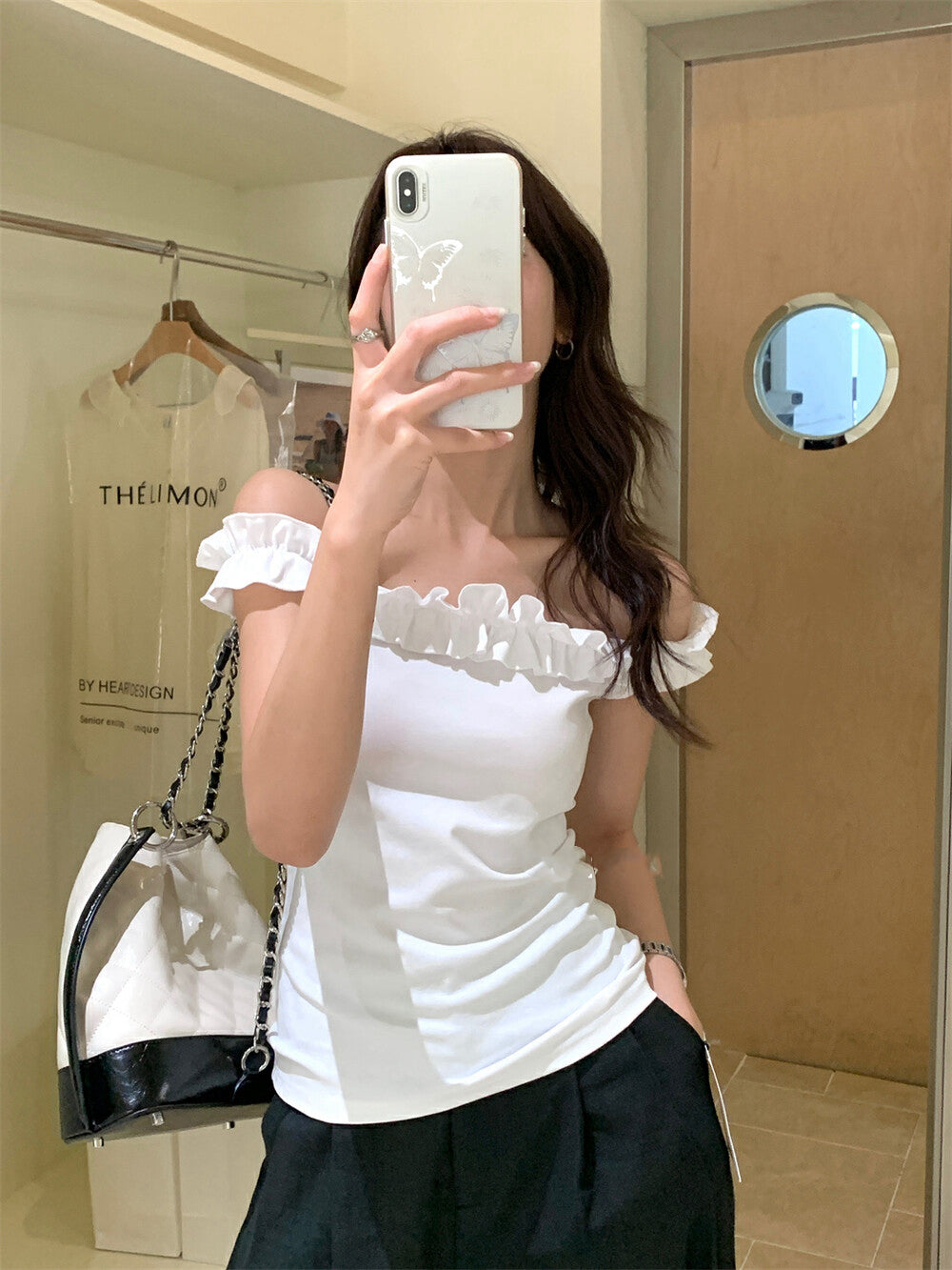 花邊一字肩修身顯瘦top