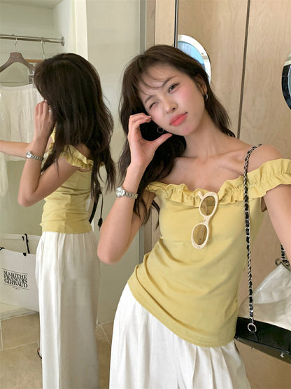 花邊一字肩修身顯瘦top