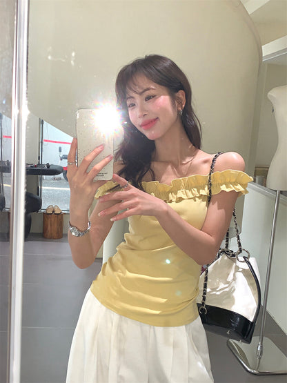 花邊一字肩修身顯瘦top