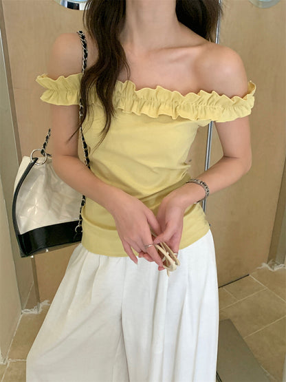 花邊一字肩修身顯瘦top