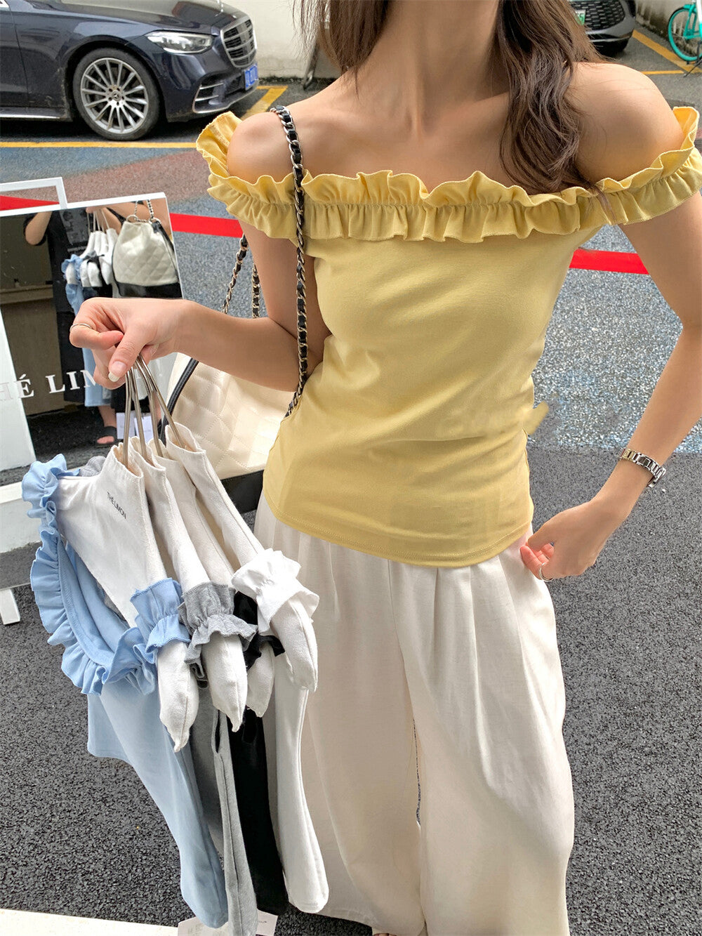 花邊一字肩修身顯瘦top