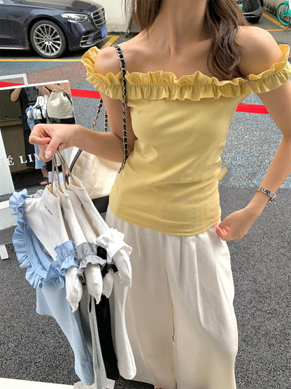 花邊一字肩修身顯瘦top