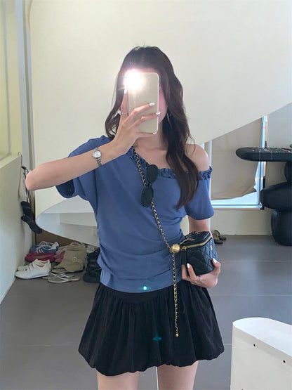 One-shoulder Ruffle Trim Fitted Top