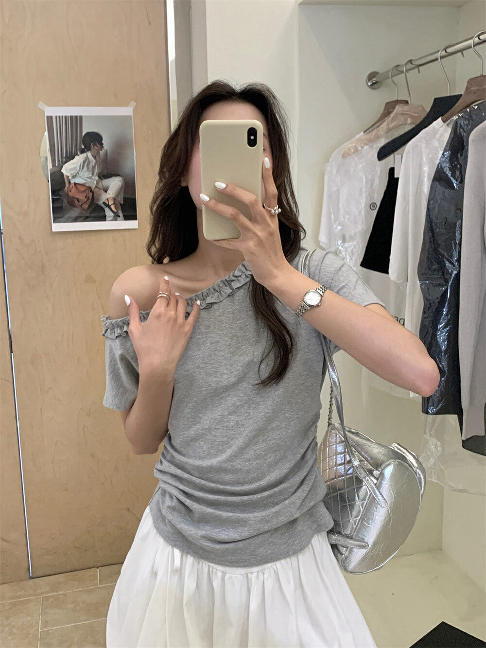 One-shoulder Ruffle Trim Fitted Top