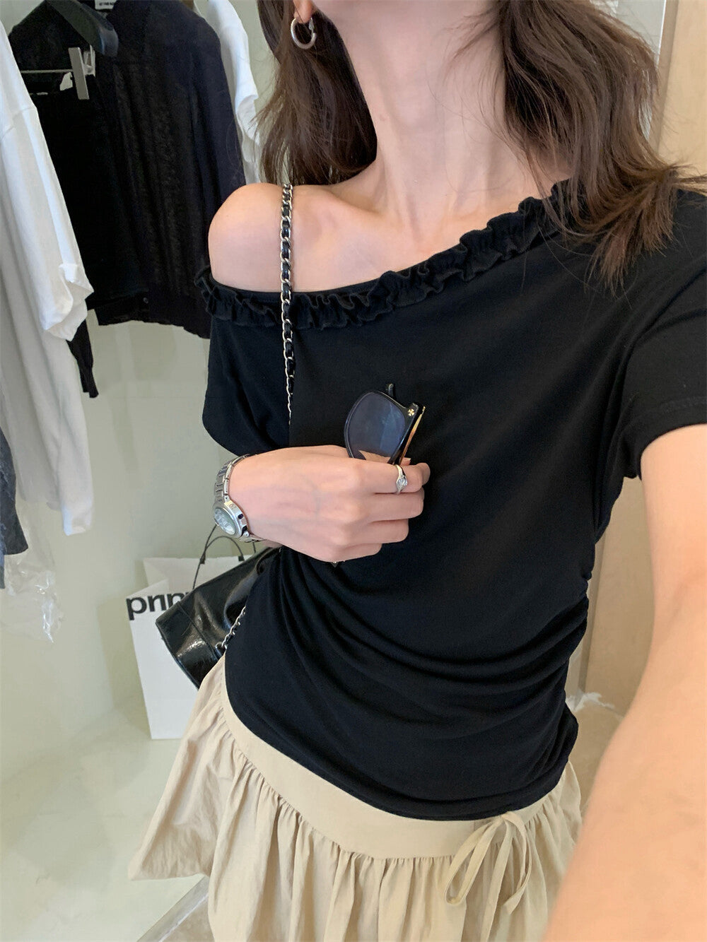 One-shoulder Ruffle Trim Fitted Top