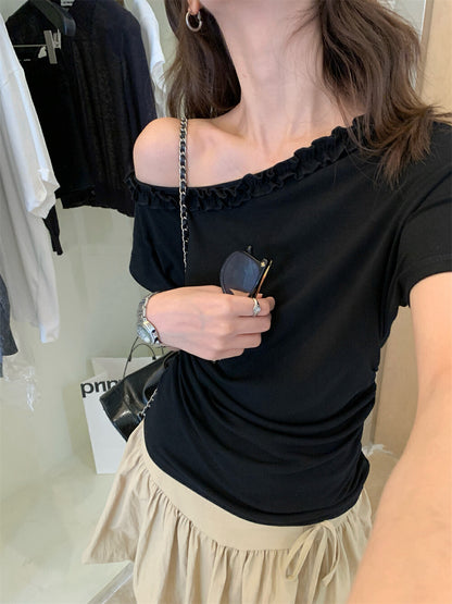 One-shoulder Ruffle Trim Fitted Top
