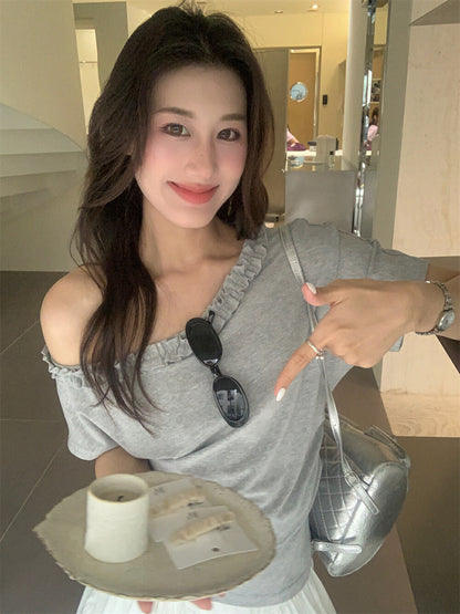 One-shoulder Ruffle Trim Fitted Top