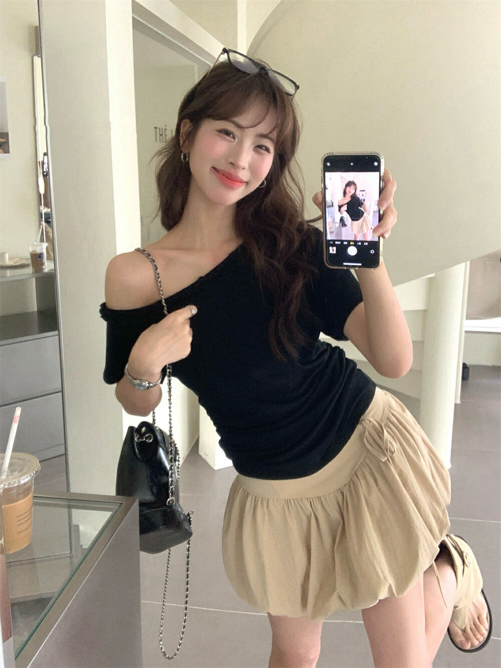 One-shoulder Ruffle Trim Fitted Top