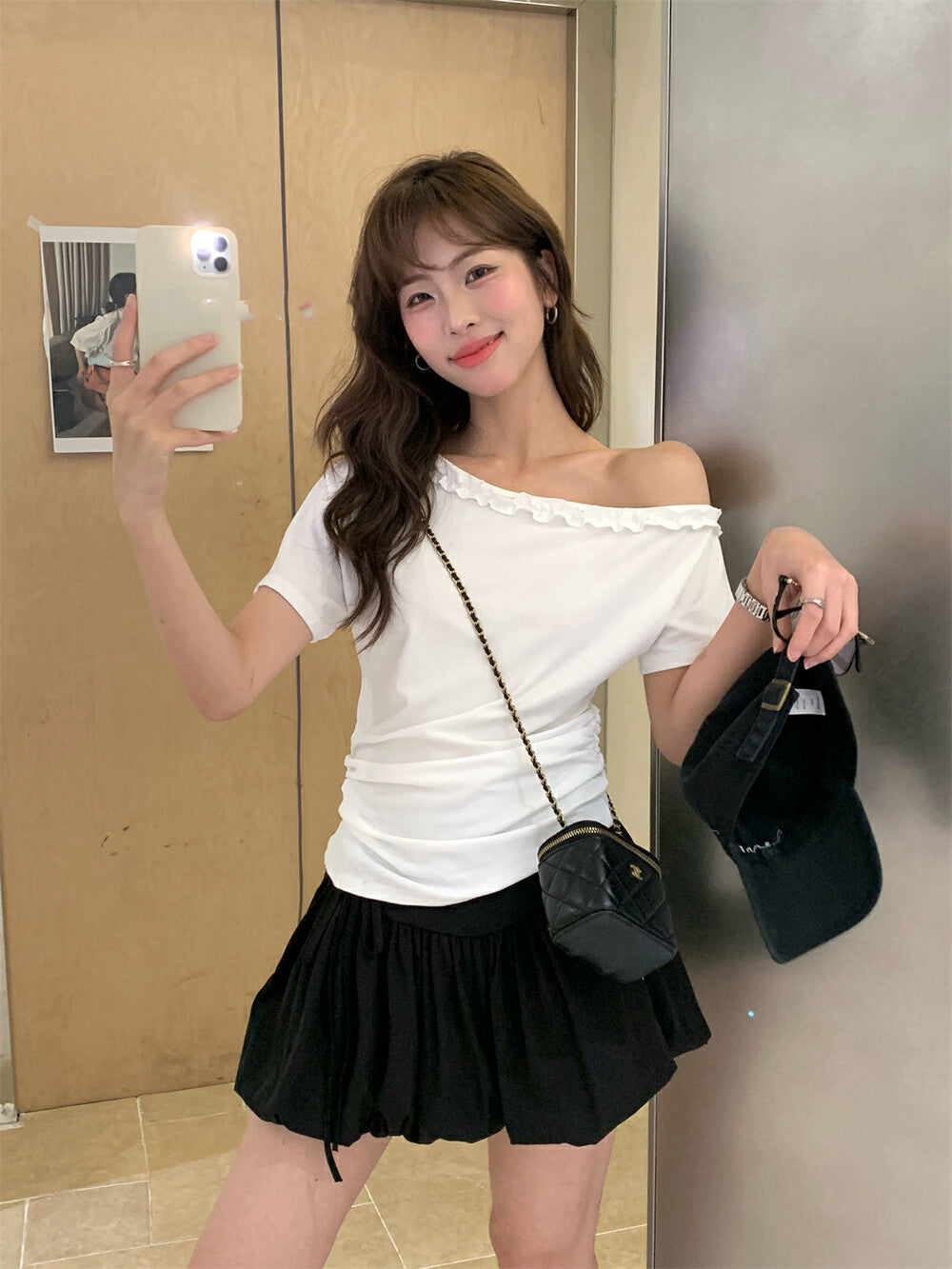 One-shoulder Ruffle Trim Fitted Top