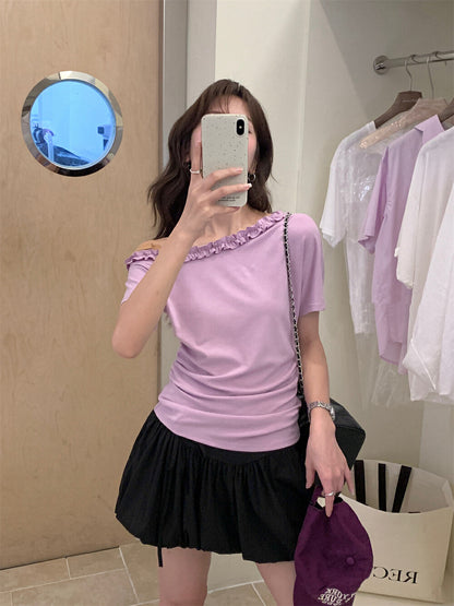 One-shoulder Ruffle Trim Fitted Top