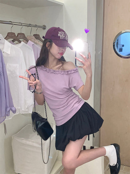 One-shoulder Ruffle Trim Fitted Top