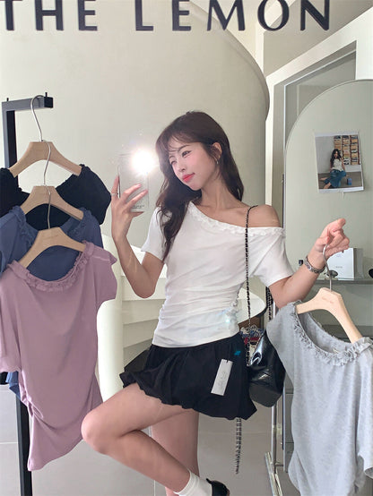 One-shoulder Ruffle Trim Fitted Top
